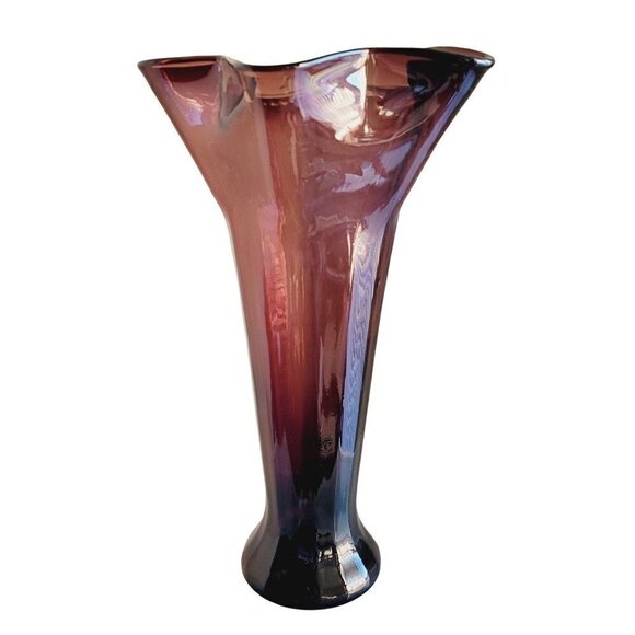 Vintage Mid Century Modern Tall Amethyst Glass Vase 14" Fluted Ruffled Top - Picture 4 of 8